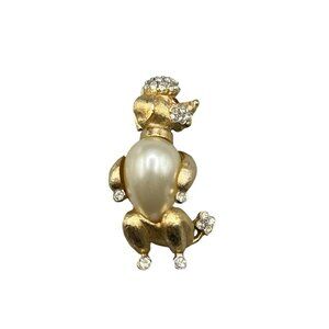 Vintage Trifari Poodle Brooch Pin Faux Pearl Belly & Rhinestones Gold Tone